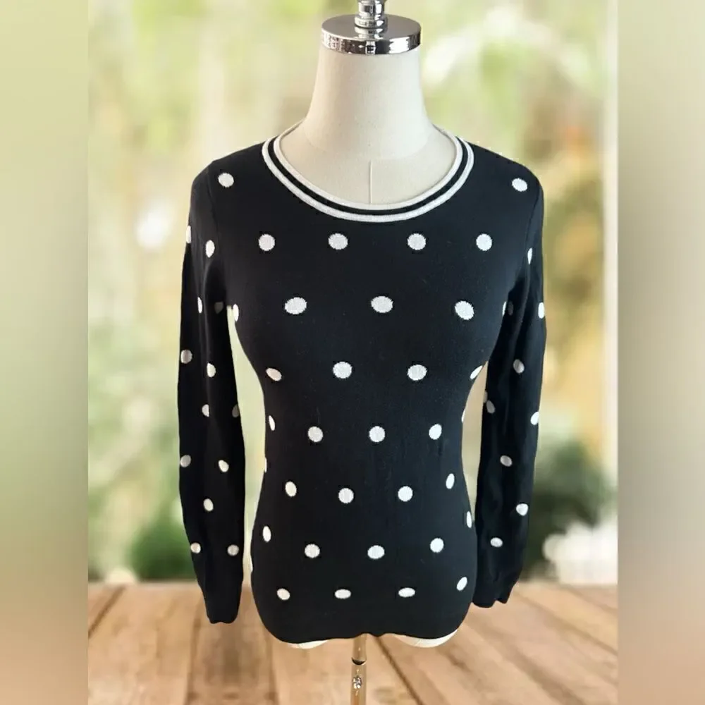 J. Crew Crewneck Pullover Sweater Jumper in Black Ivory Polka Dot Size S